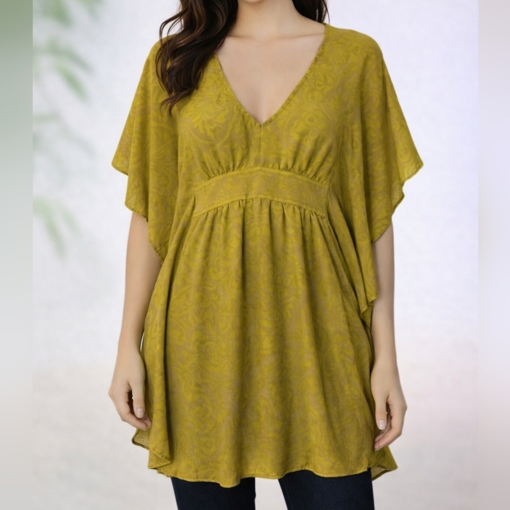 ALICE & TRIXIE Neon Damask Cascade Sleeve Boho Silk Tunic Festival Blouse